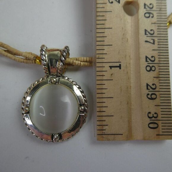 Double Two Multi Strand Beaded Necklace Faux Moonstone Silver Tone Pendant Boho - Picture 3 of 9